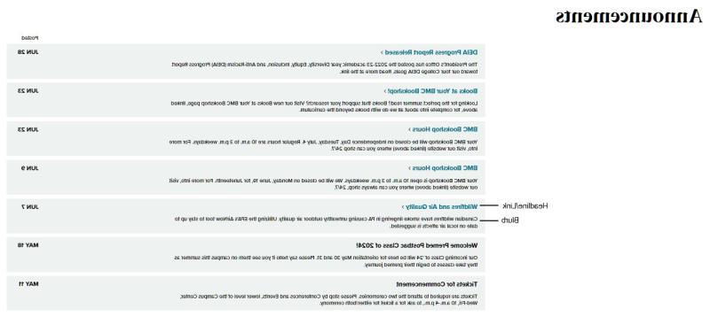 Screenshot of the Announcements Listing webpage that shows an example of how headlines/links and blurbs display